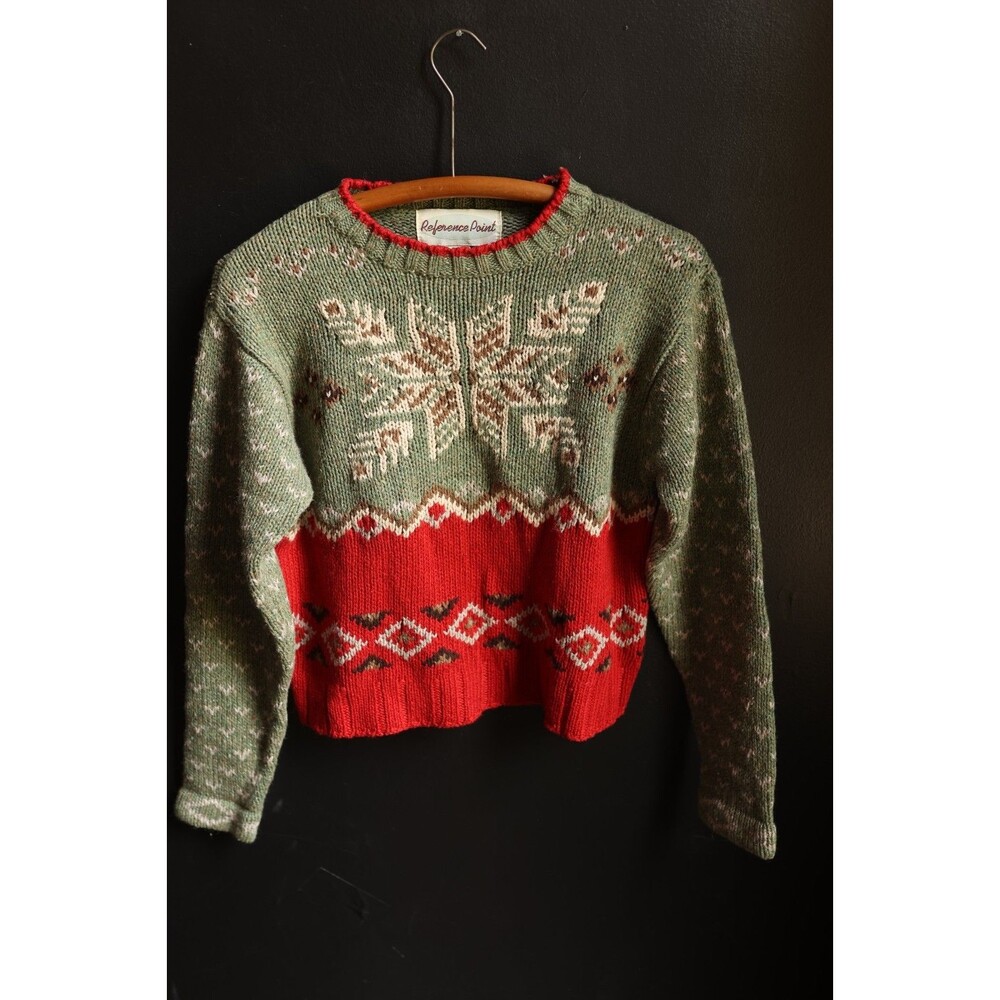 Vintage Wool Blend Sweater Fair Isle Snowflakes Winter Christmas Cozy Cabin M